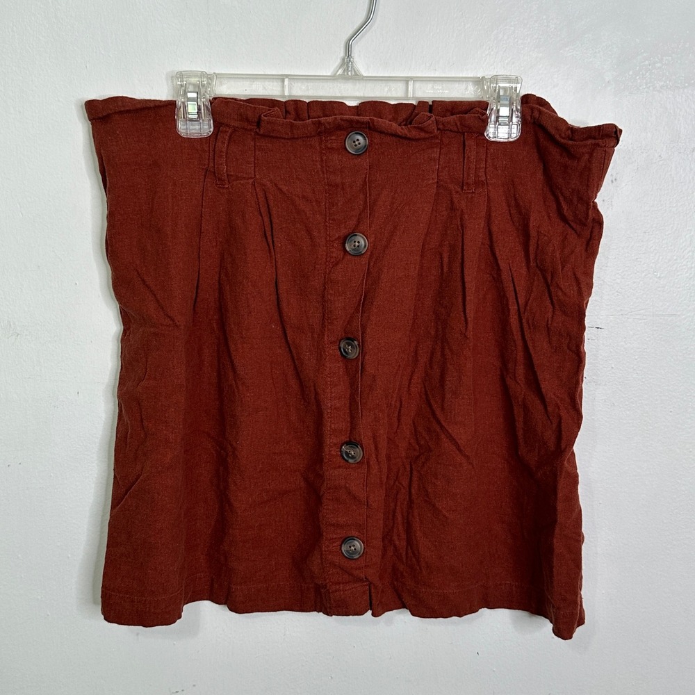 Women XL Rust Brown Linen Blend Paperbag‎ Waist Button Front Mini Skirt